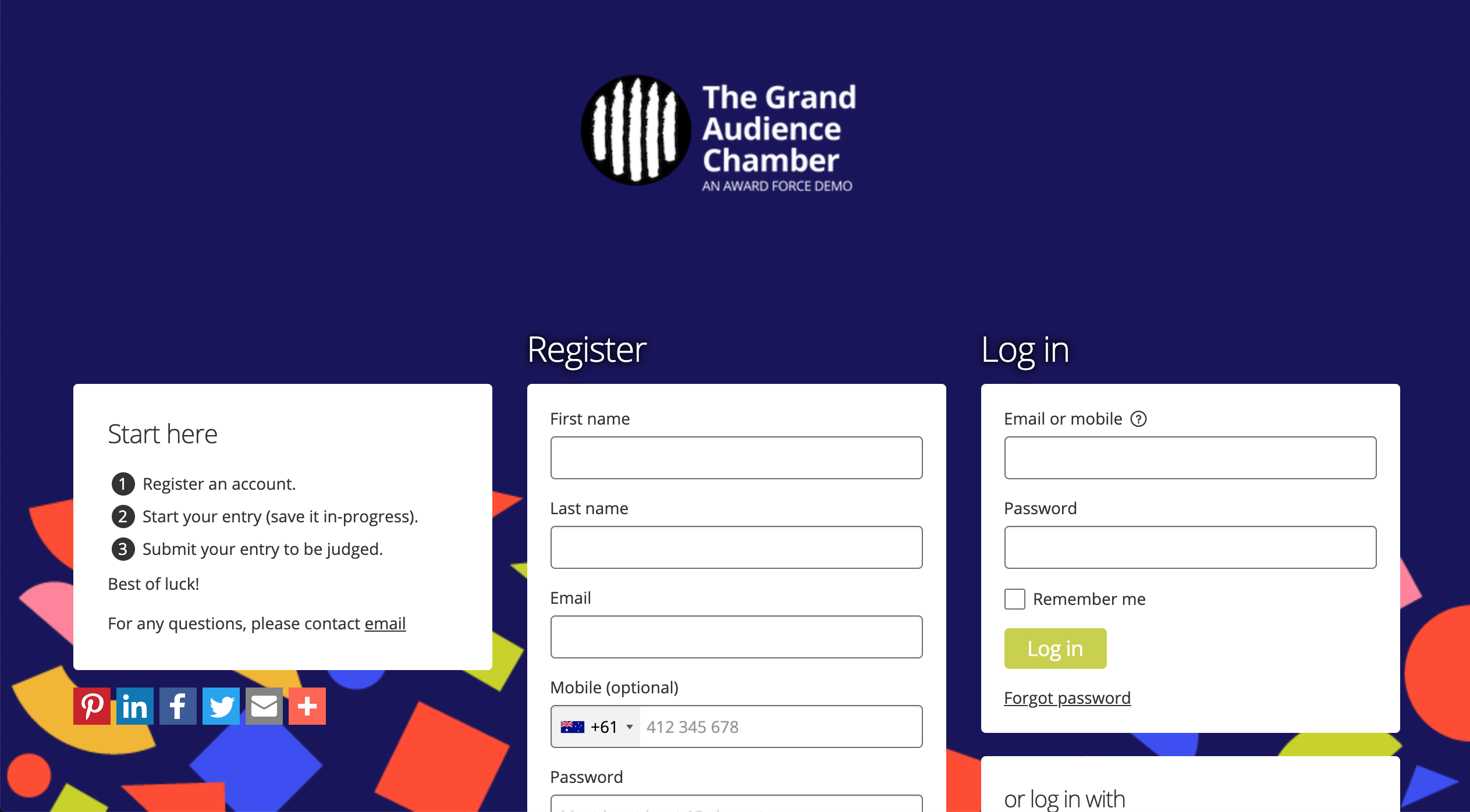 Award Force registration page