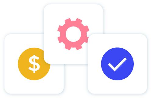Symbol mit Dollar-Münze, rosa Zahnrad und blauem Häkchen