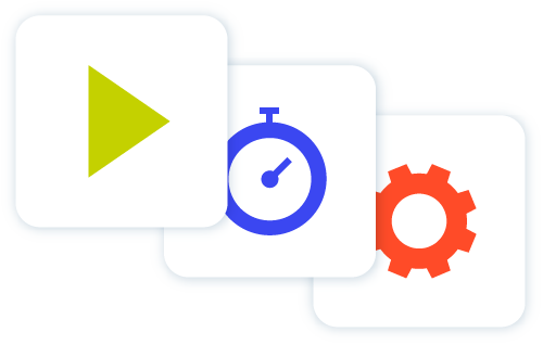 Icons of play button stop watch and cog