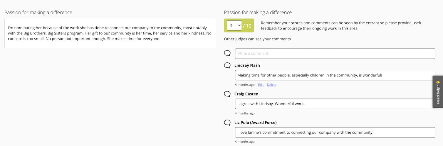 Judges comments in Award Force