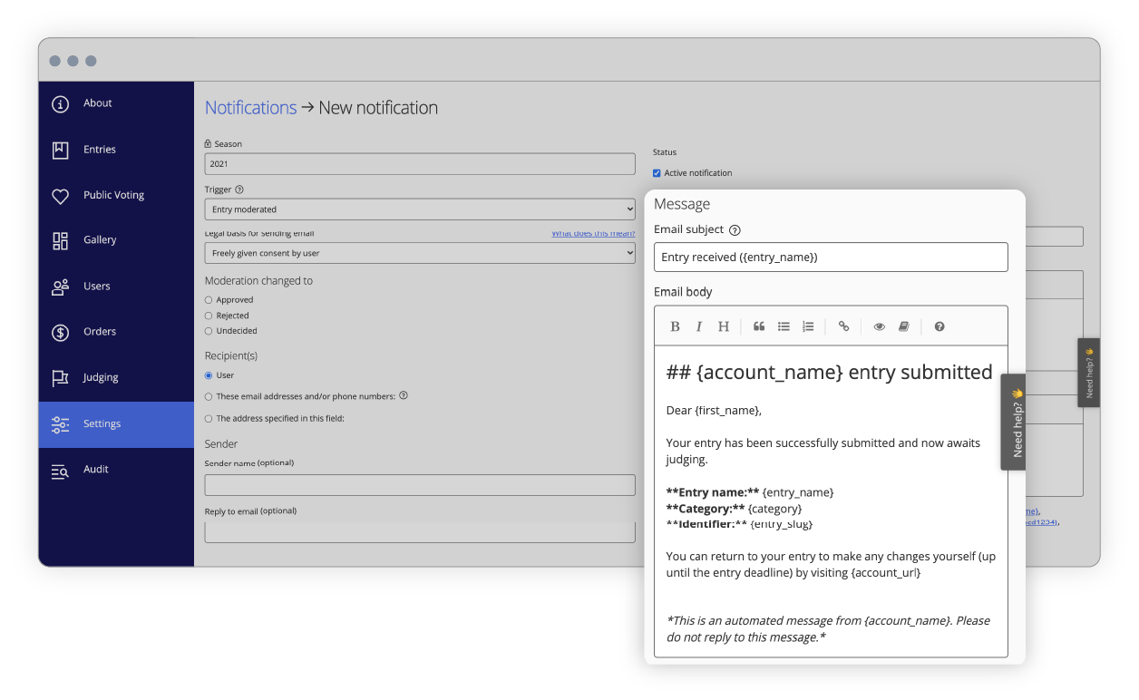 Awards management interface of communication
