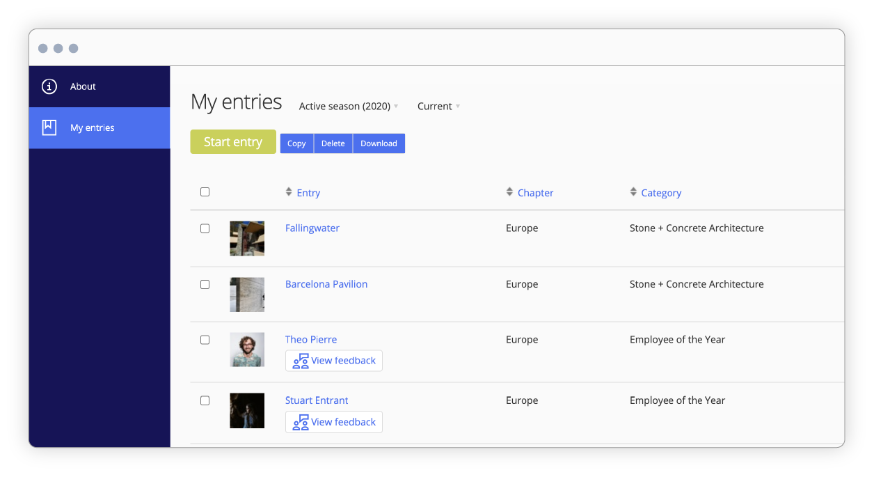 Awards management interface of entries 1