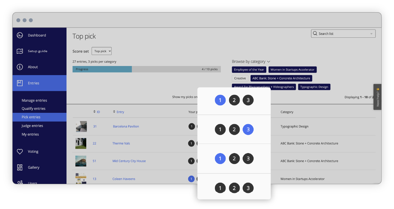 Awards management interface of of score sets