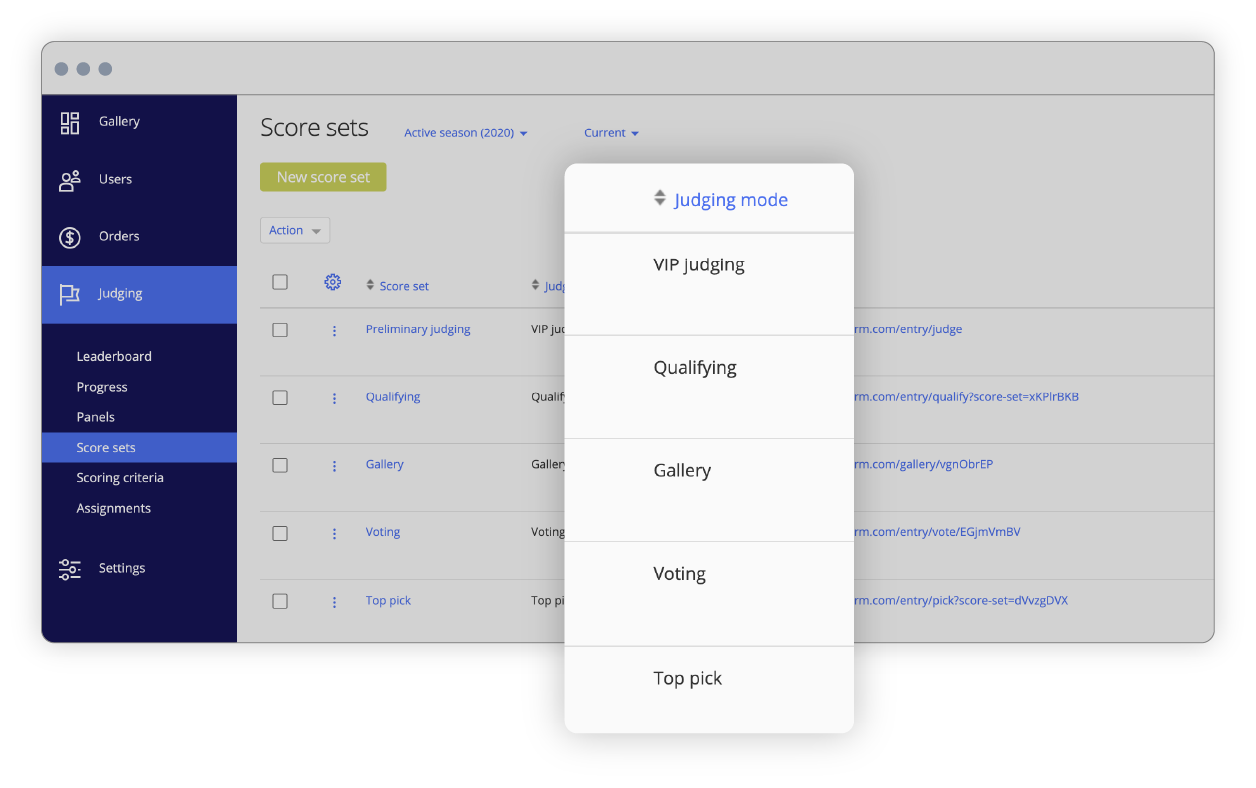 Judging mode options in award management software