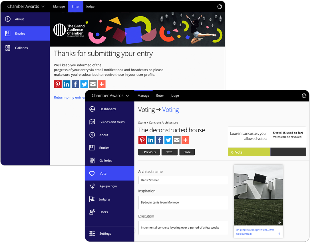 Awards management software social sharing