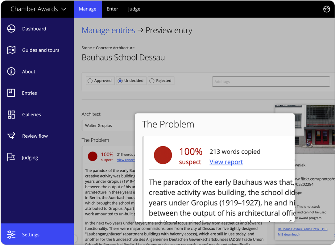 Awards management software plagiarism detection