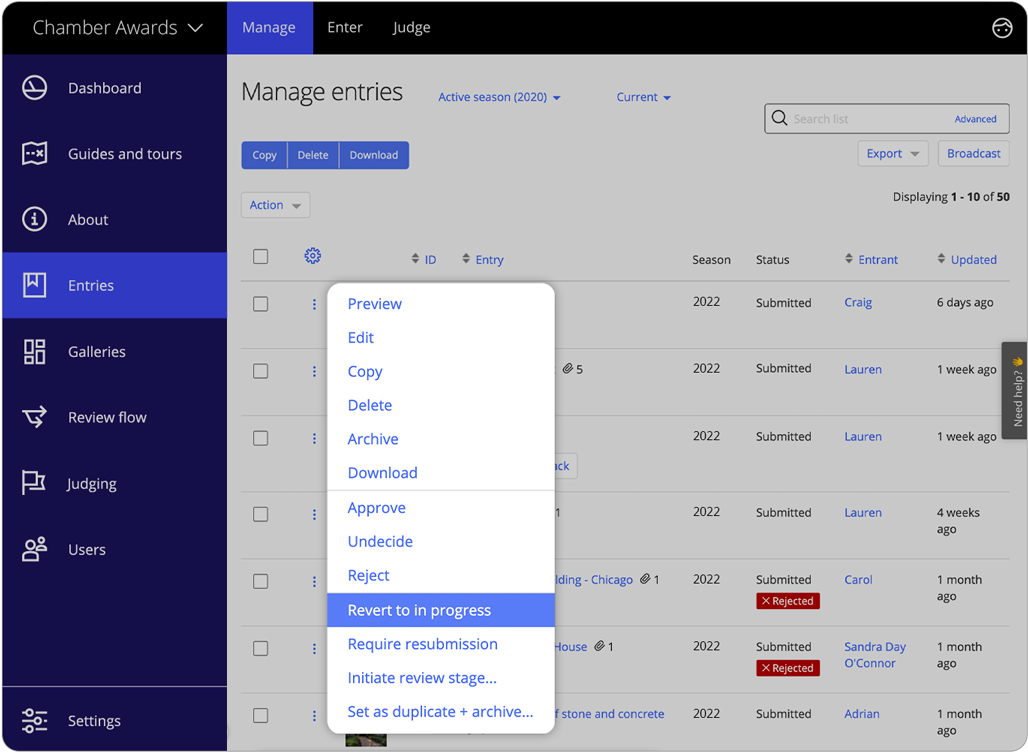 Awards management software manage entries