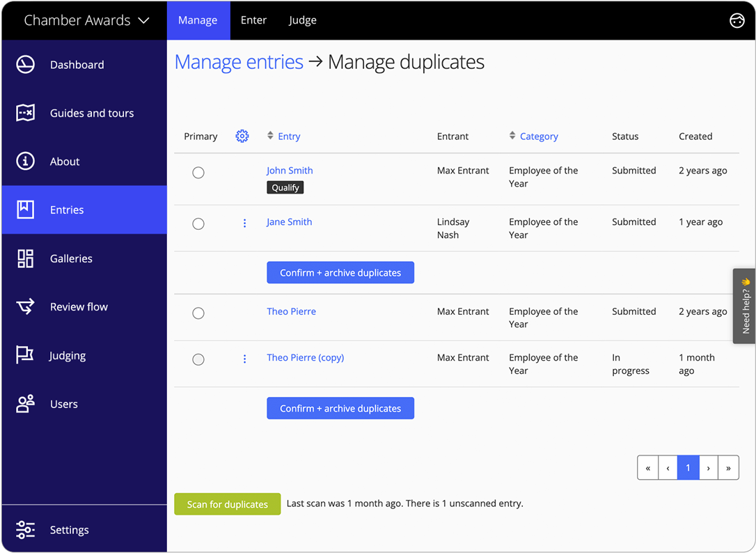 Awards management software duplicates
