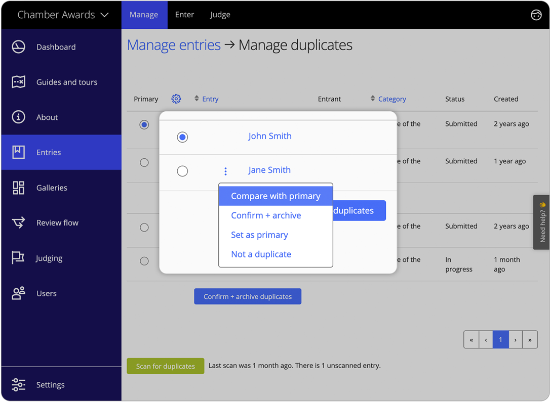 Awards management software duplicates
