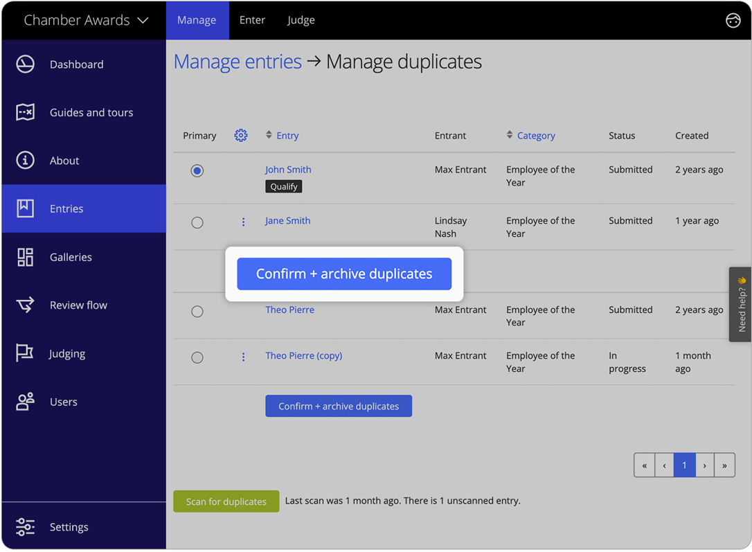Awards management software duplicates