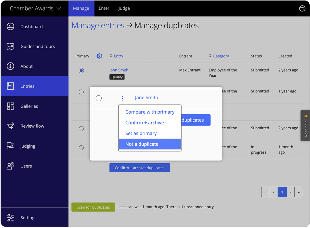 Awards management software duplicates