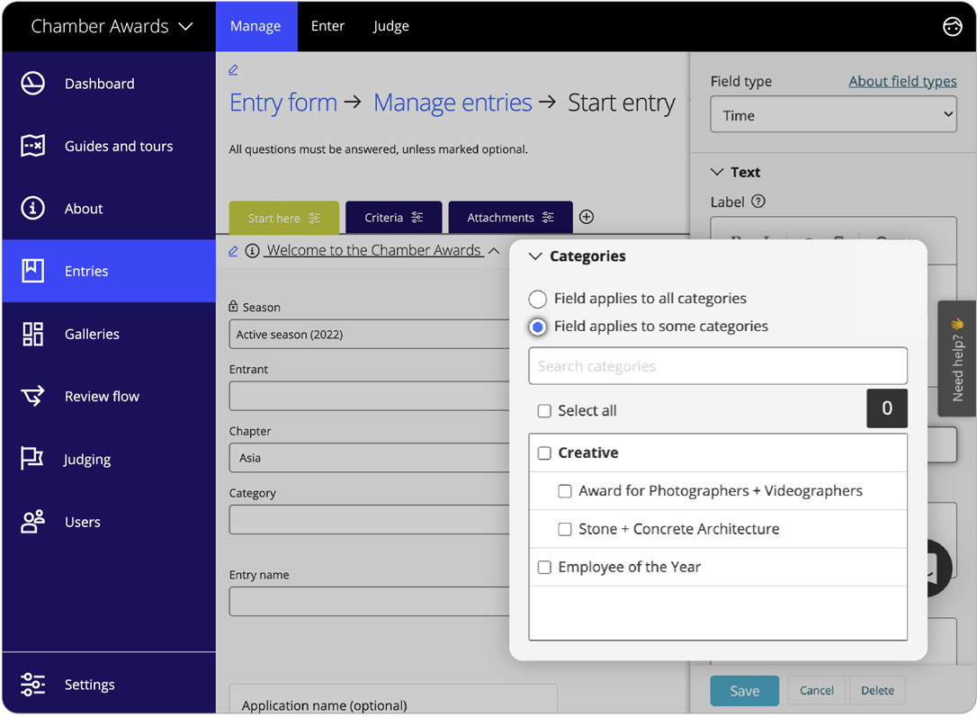 Awards management entry form categories