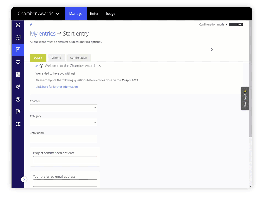 Awards management entry form