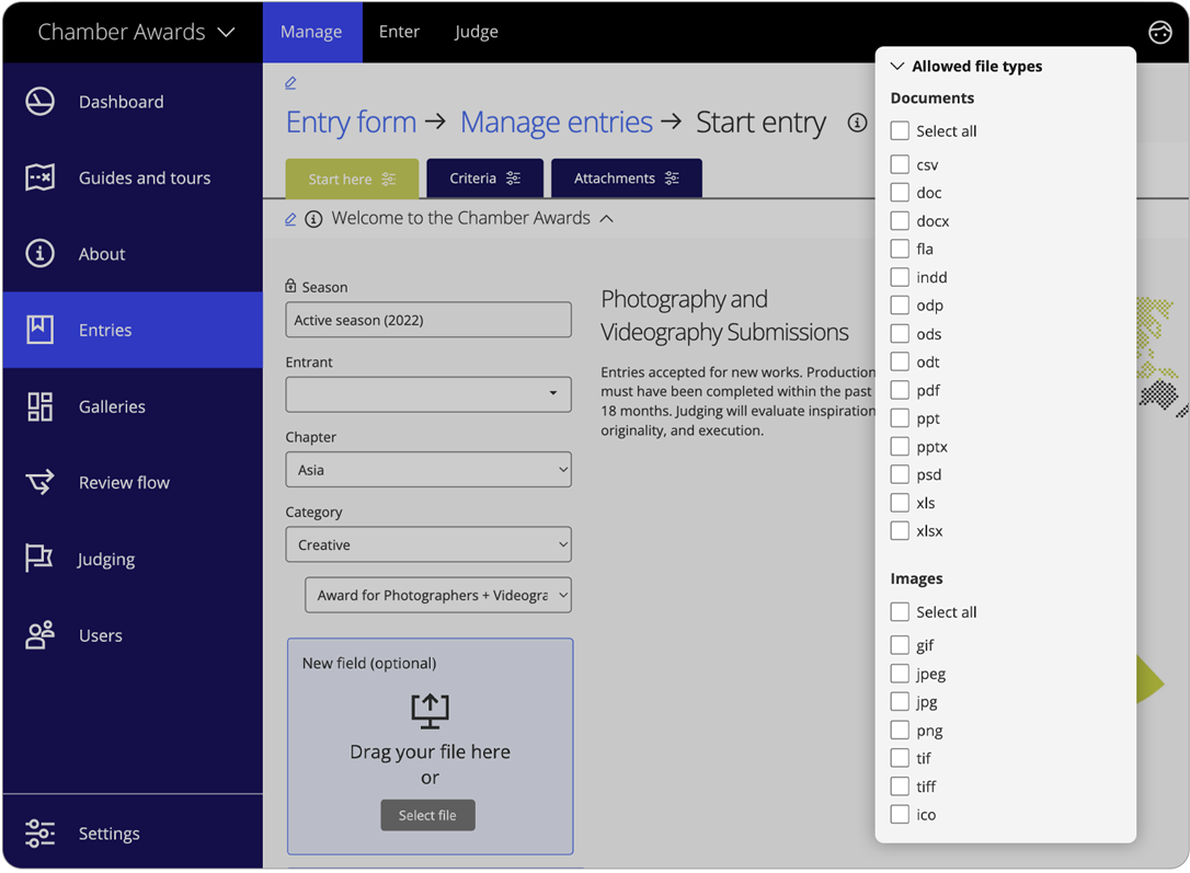 Awards management software attachments file types