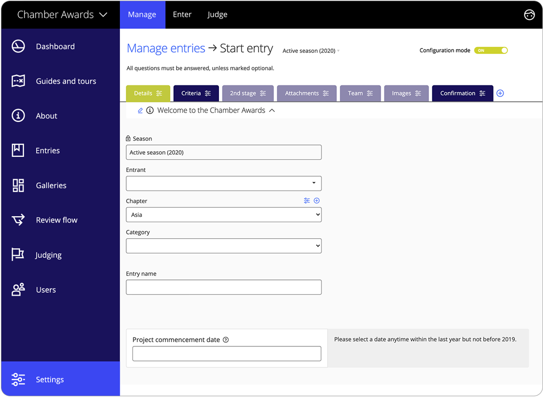 Eingabeformulare für Awards-Software