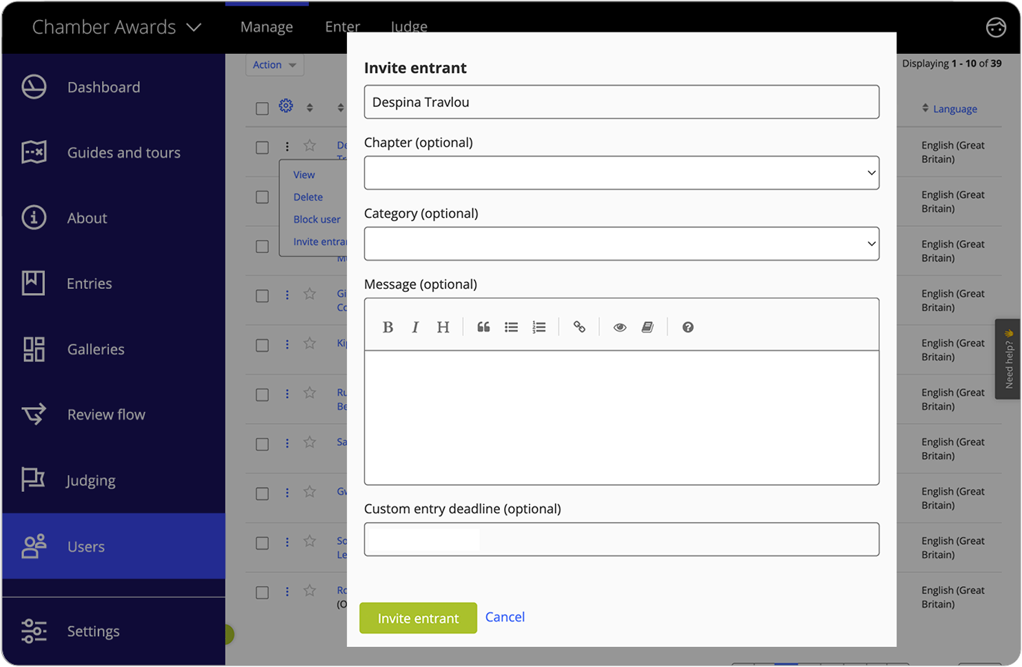 Interface showing a form to invite an entrant