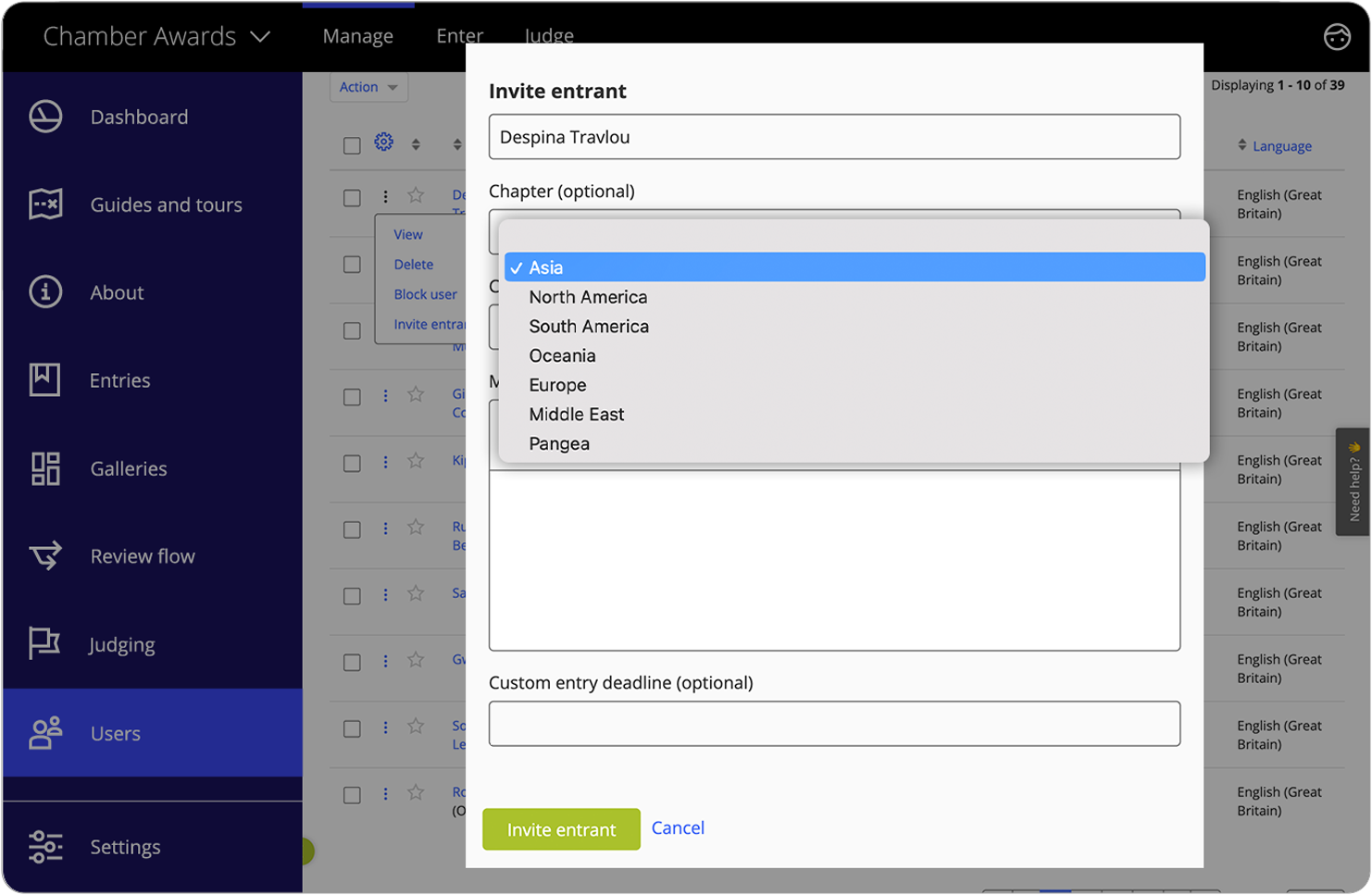 Interfacxe showing that you can select a chapter within the entry form