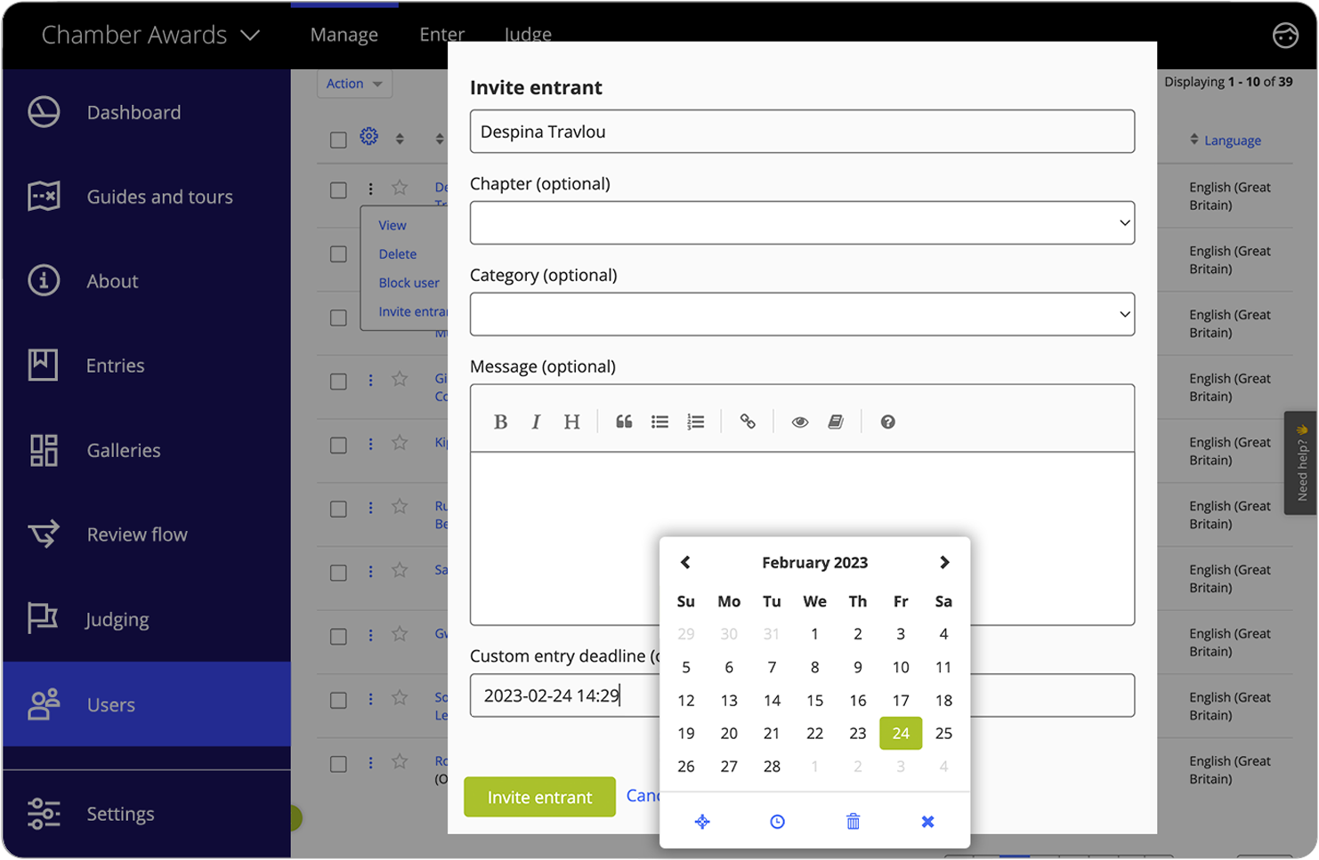 Interface showing that you can customise the entry deadline within the entry form