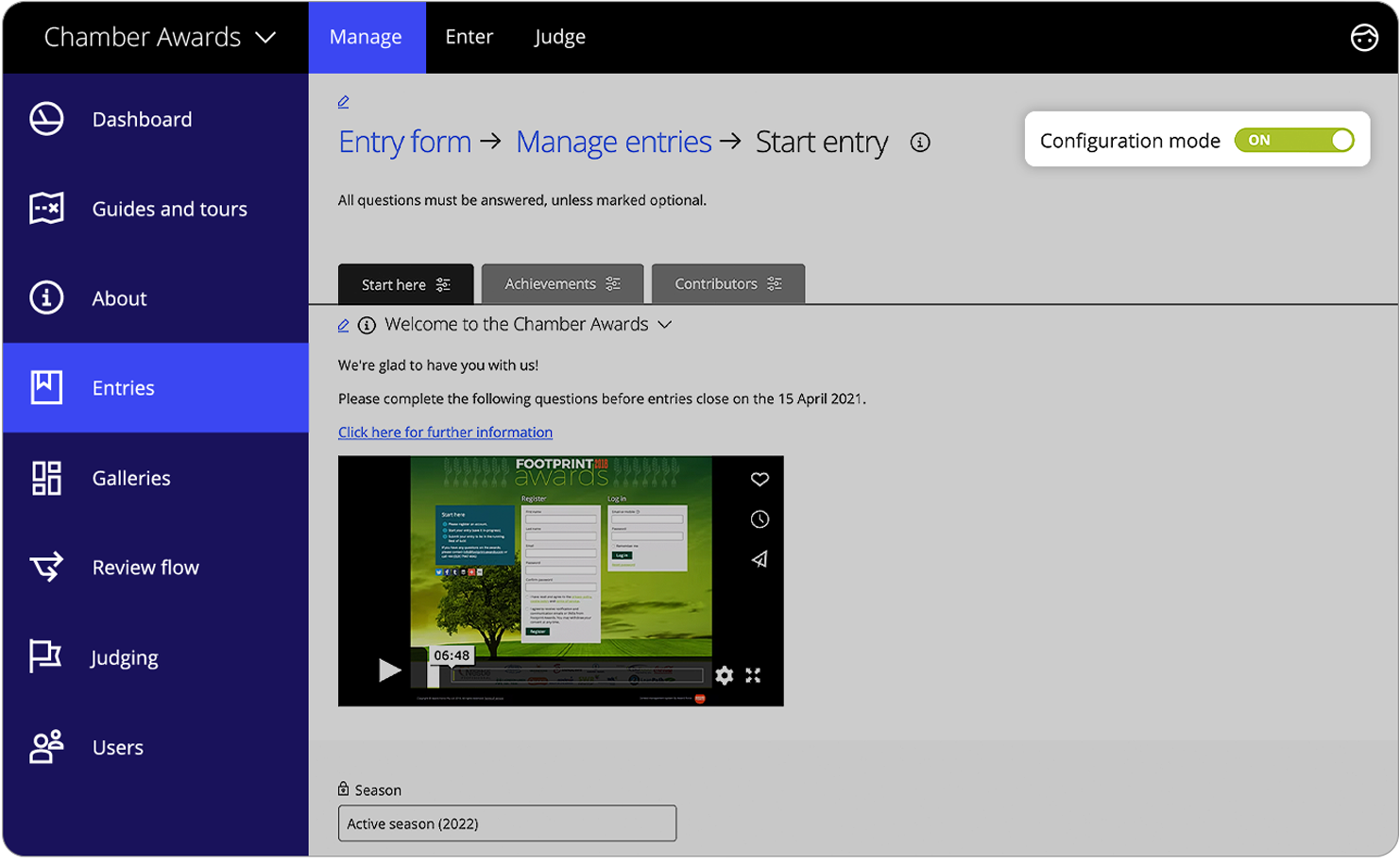 Toggle the entry form configuration mode on