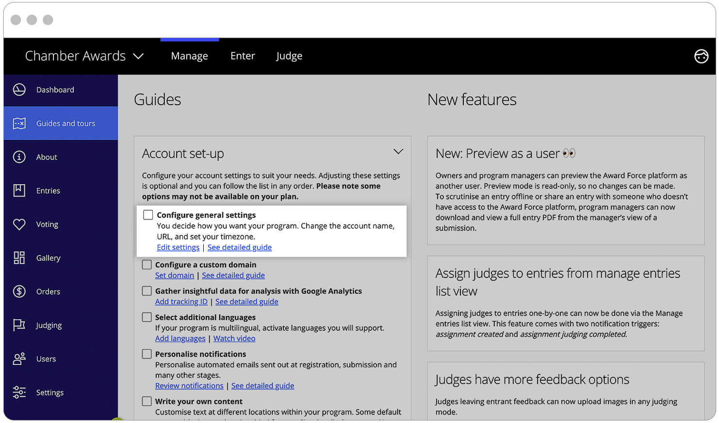 Software guides and tours page with general settings
