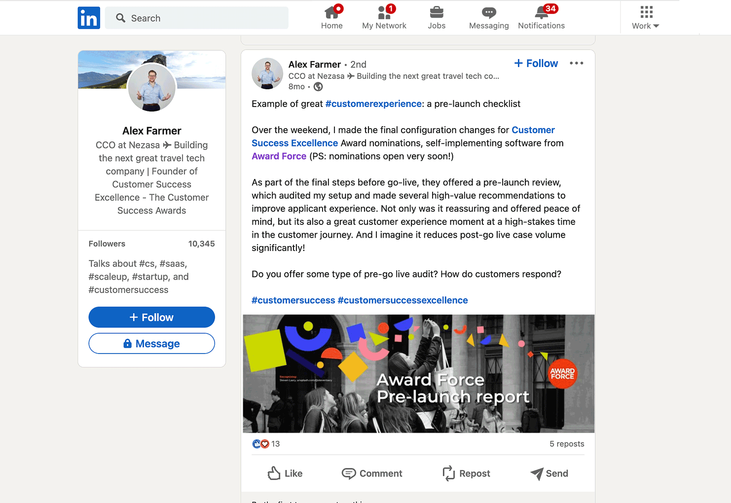 LinkedIn post about great customer experience during the pre-launch check