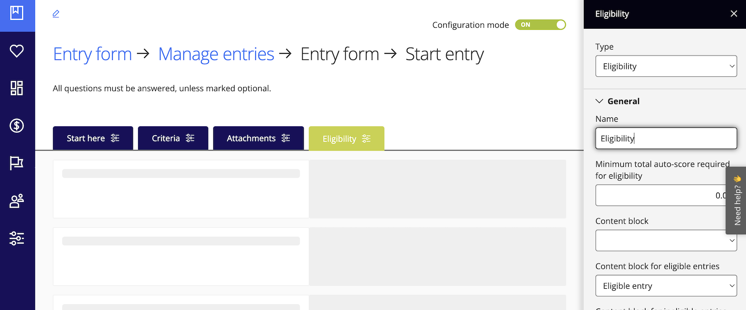 Tabs on Award Force entry form