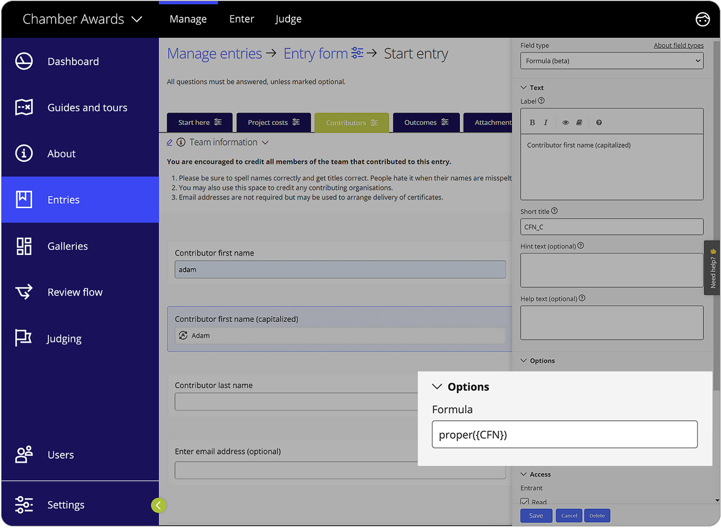 Award Force interface displaying how to use the proper function to capitalize the first letter of a field text input