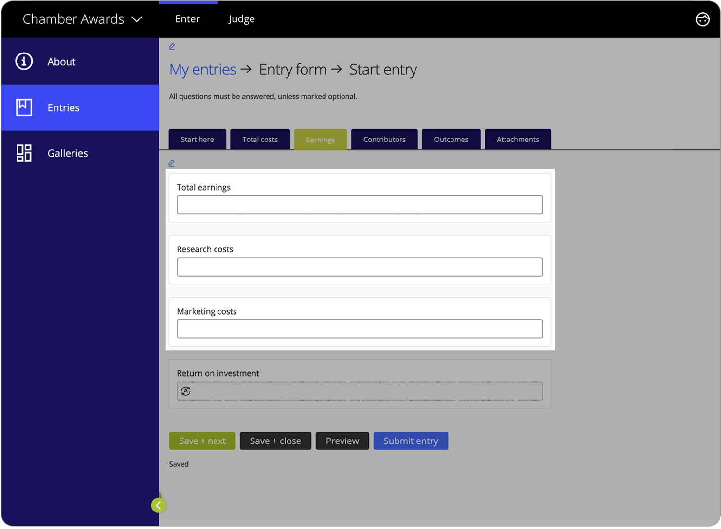 An Award Force entrant view of 3 fields - total earnings, research costs and marketing costs