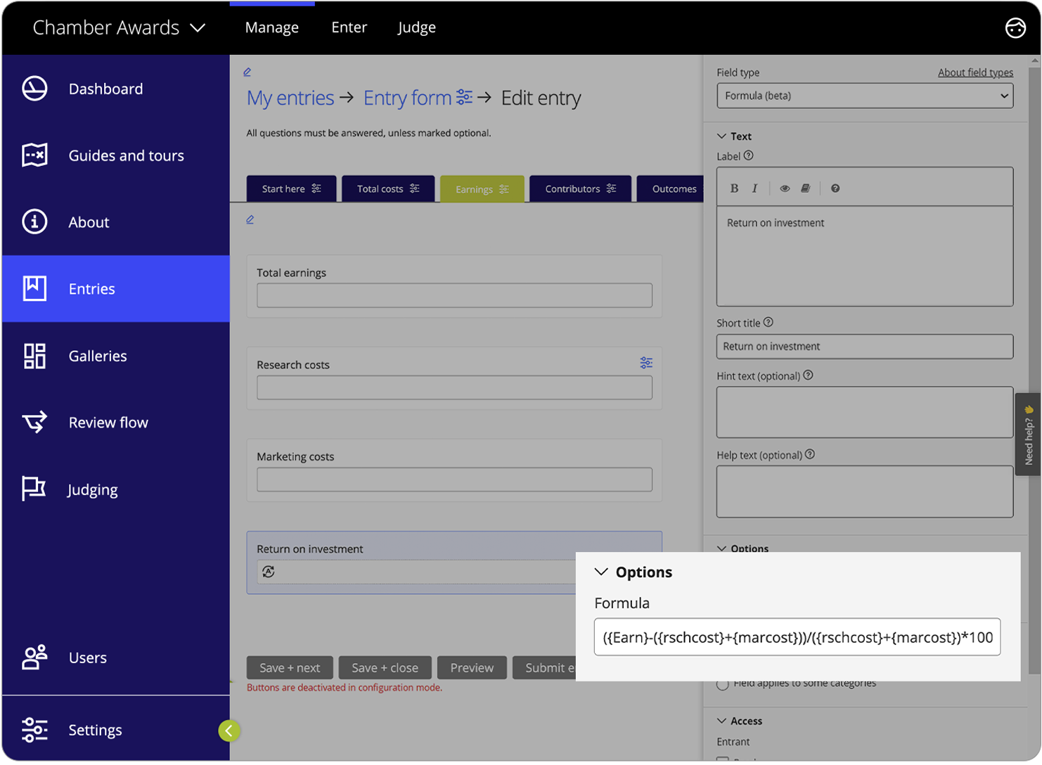 Award Force interface showing how the 3 fields from the abovementioned image are used as input to calculate the profit margin percentage (total earnings, research costs and marketing costs)
