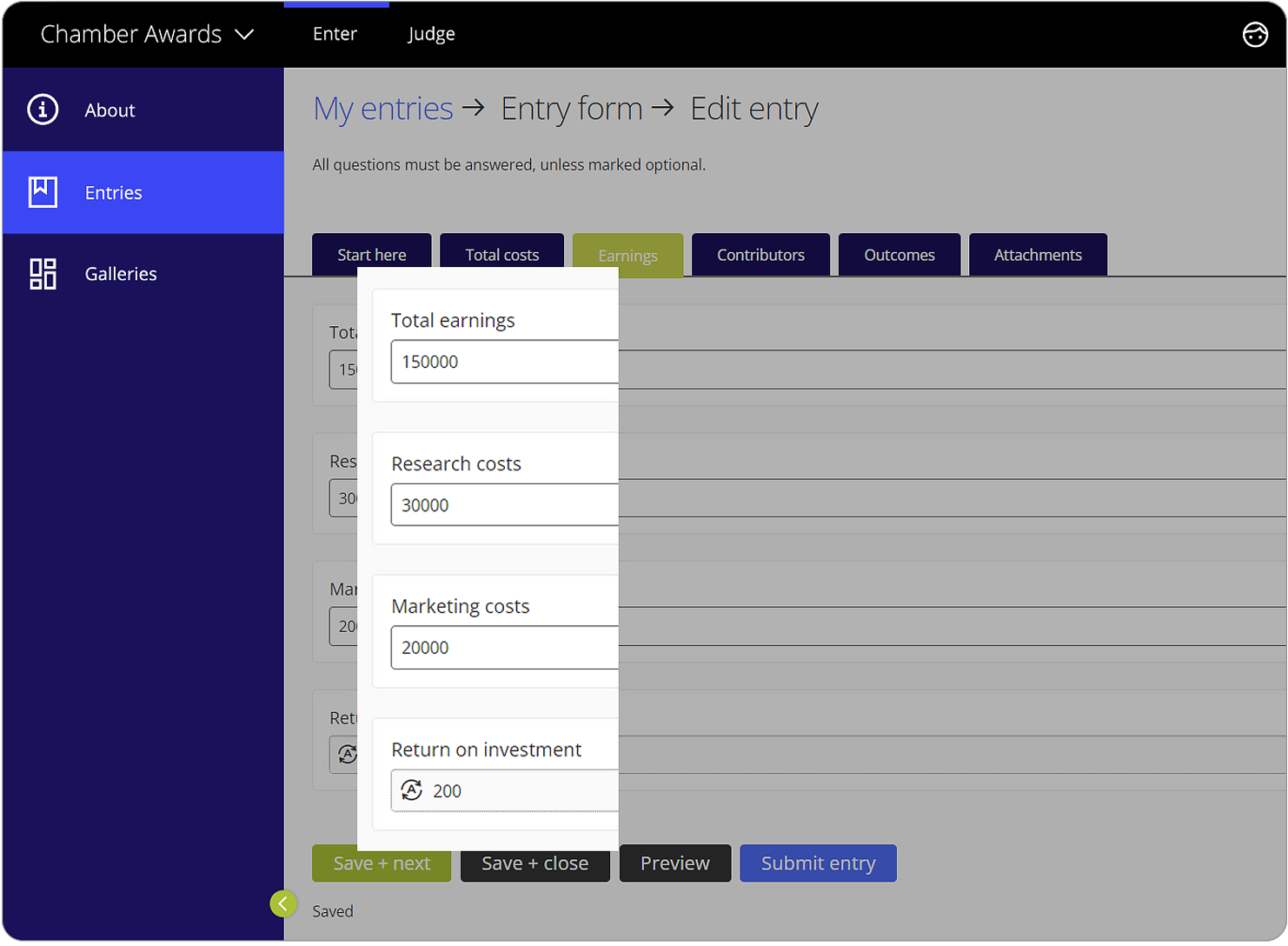Award Force interface showing the formula result based on the input of the 3 fields - total earnings, research costs and marketing costs