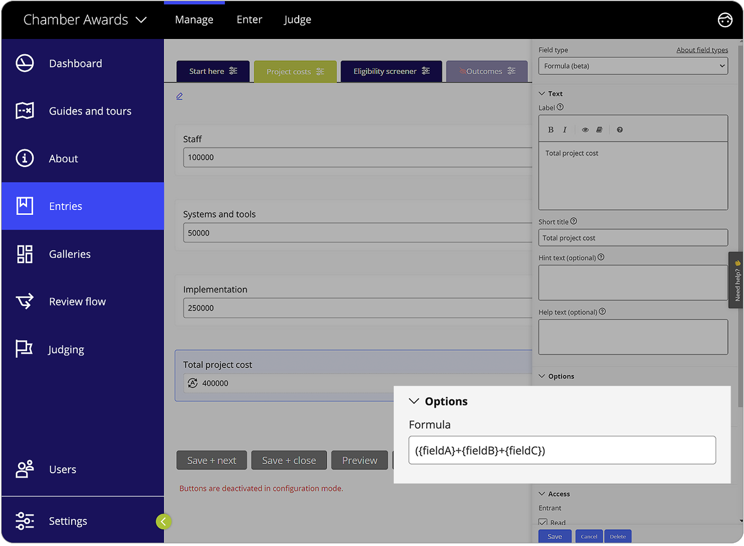 Award Force interface showing how you can reference multiple fields in a formula
