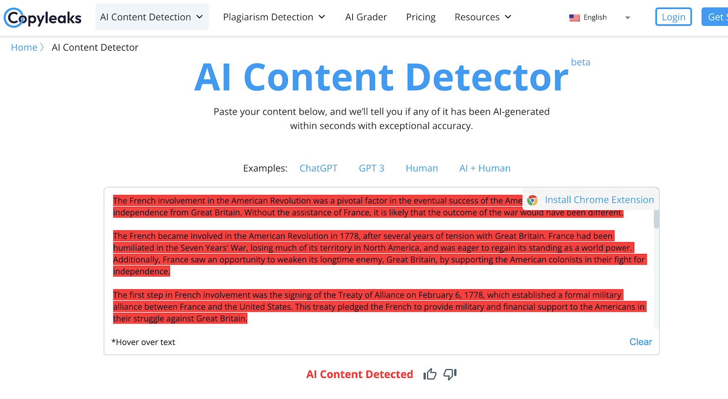 Beispiel für die Copyleaks KI-Inhaltsdetektion