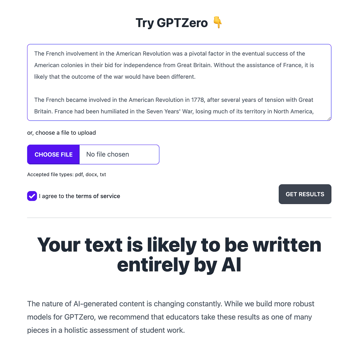 GPTZero-Beispiel für die KI-Inhaltsdetektion