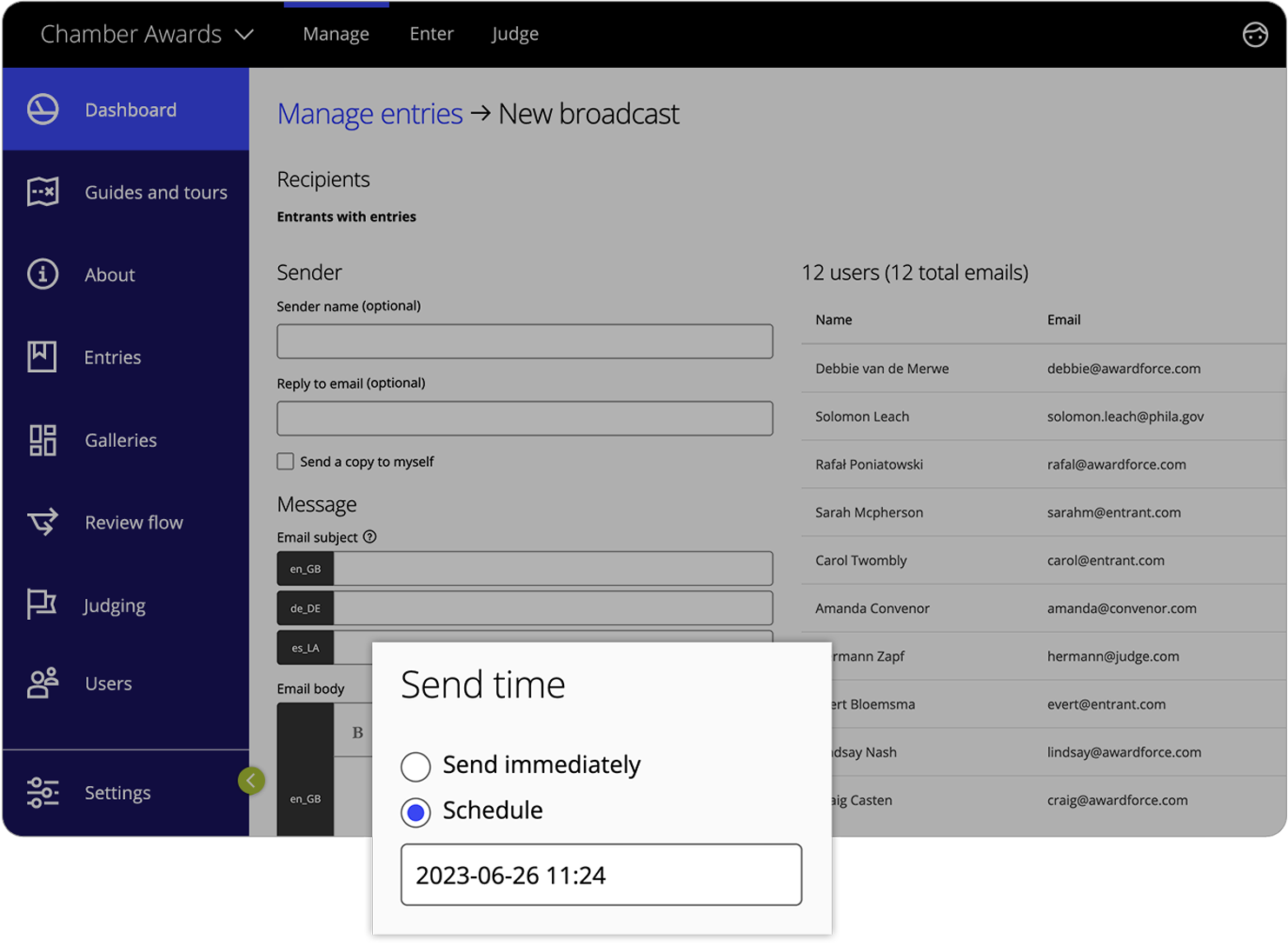 Award Force interface showing how broadcast emails can be scheduled for a later date and time