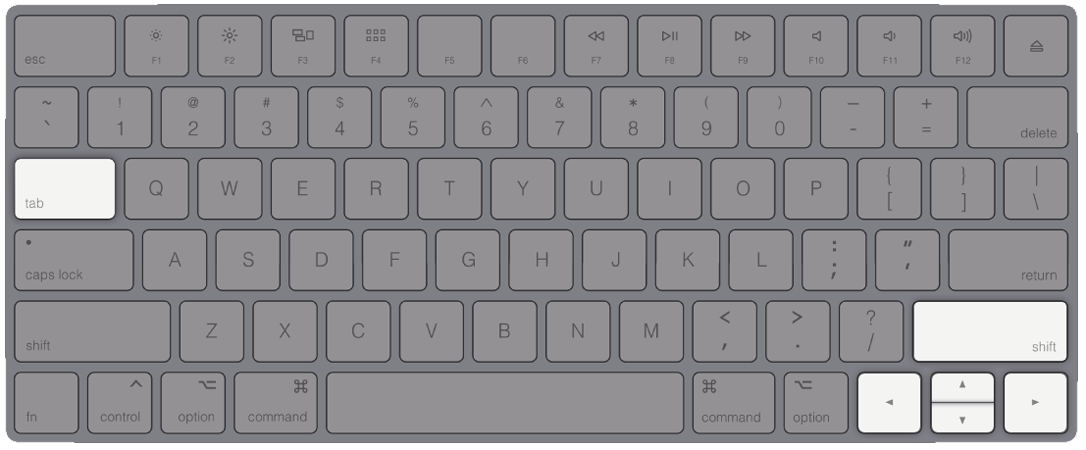Keyboard with the navigation keys highlighted; alt tab, return/enter and arrows.