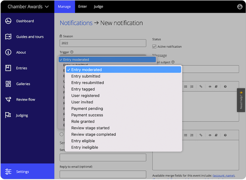 UI of Award Force notification options