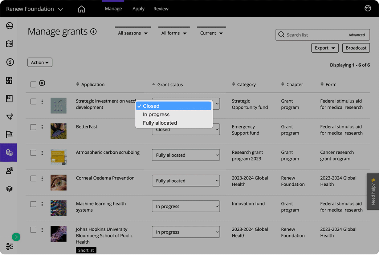 A Good Grants interface showing that you can set the grant's status directly within the manage grants view.