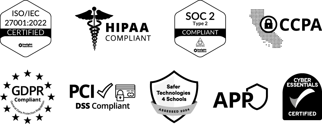 Panel des logos de conformité de sécurité d’Award Force incluant le RGPD, le CCPA, la LGPD, l’APP, l’ISO 27001, le PCI, Cyber Essentials et HIPAA.