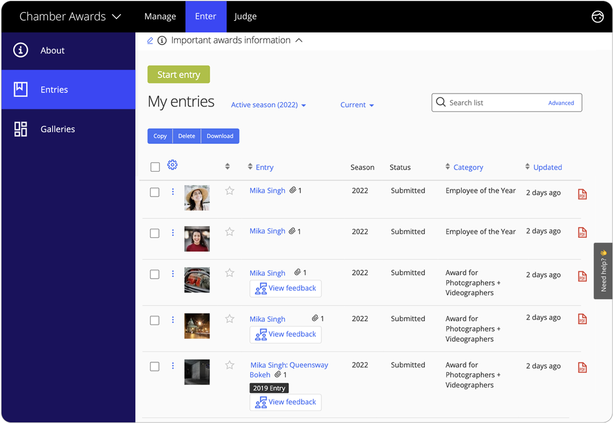 Award Force-Oberfläche, die die Ansicht des Teilnehmers seiner Liste der Einreichungen zeigt.