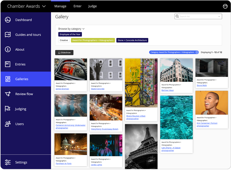 Award Force interface showing the managers view of a gallery of entrant images.