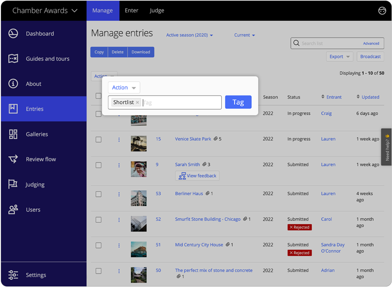Award Force interface showing that the manager can manage entries by adding tags such as shortlisted.