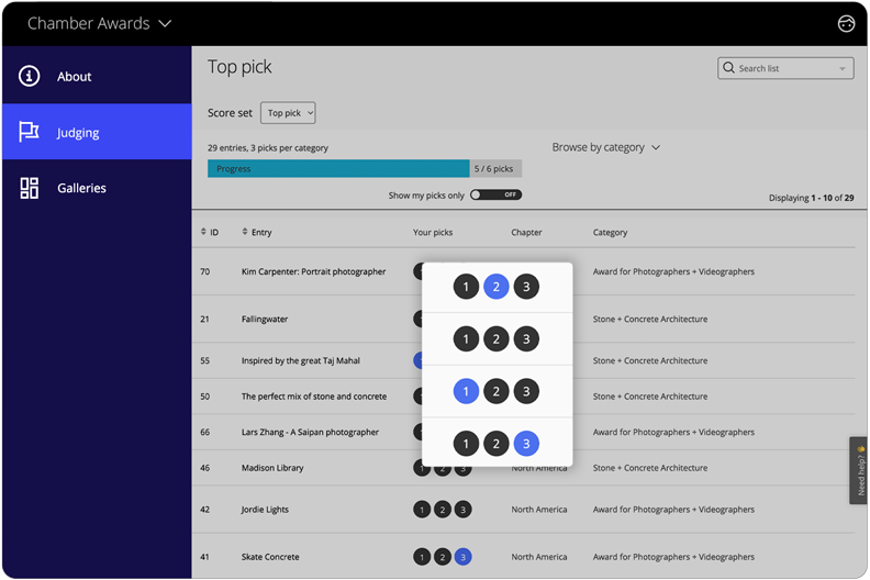 Award Force interface in the judges view showing the Top pick reviewing mode.