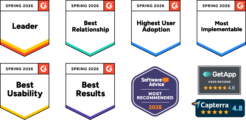 Award Force awards badges: leader, best relationship, best usability, best results, most implementable