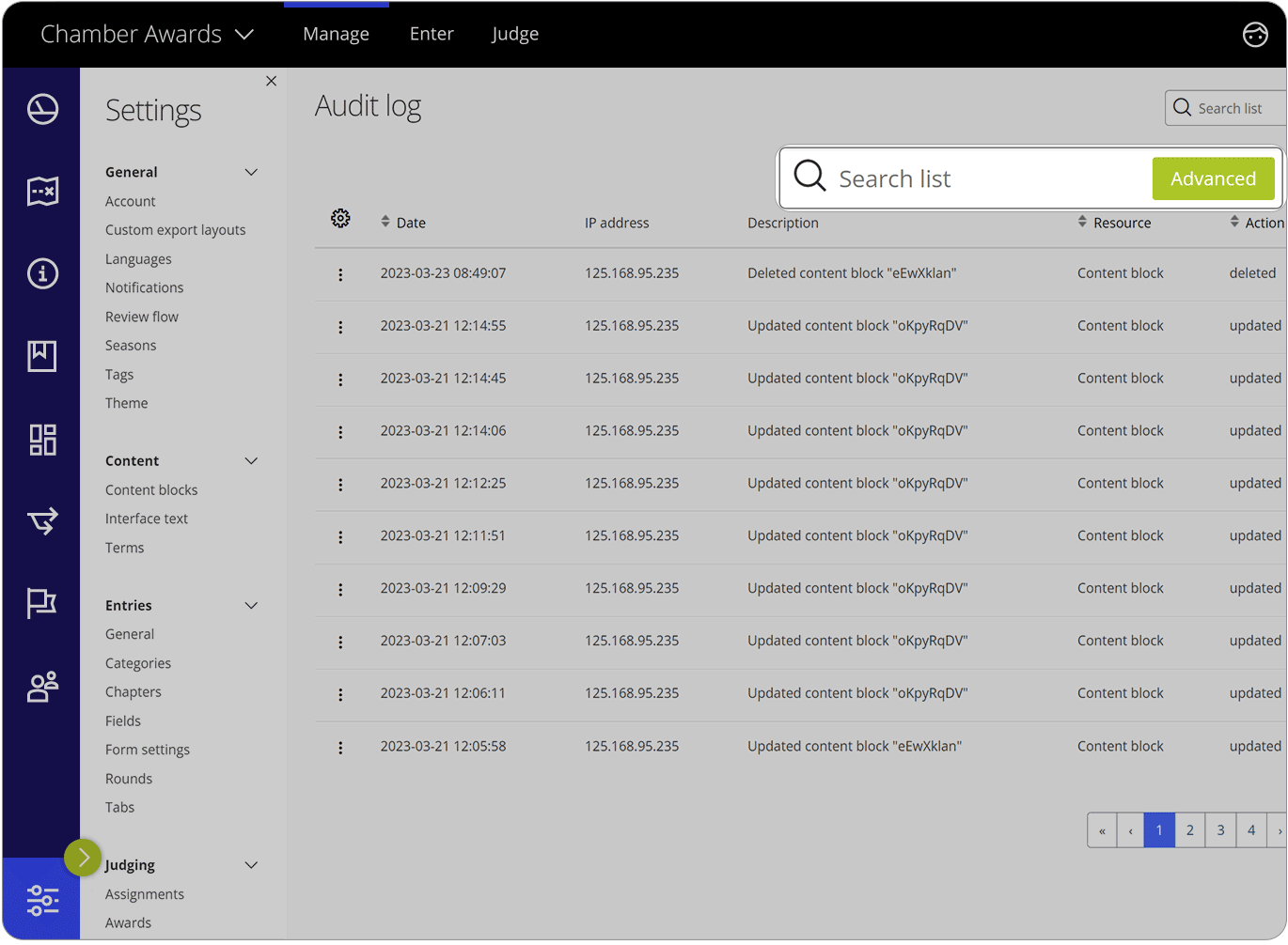 Award Force interface showing audit log