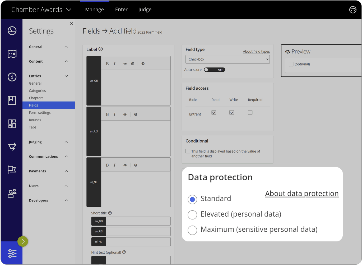 Award Force interface showing the encryption level options
