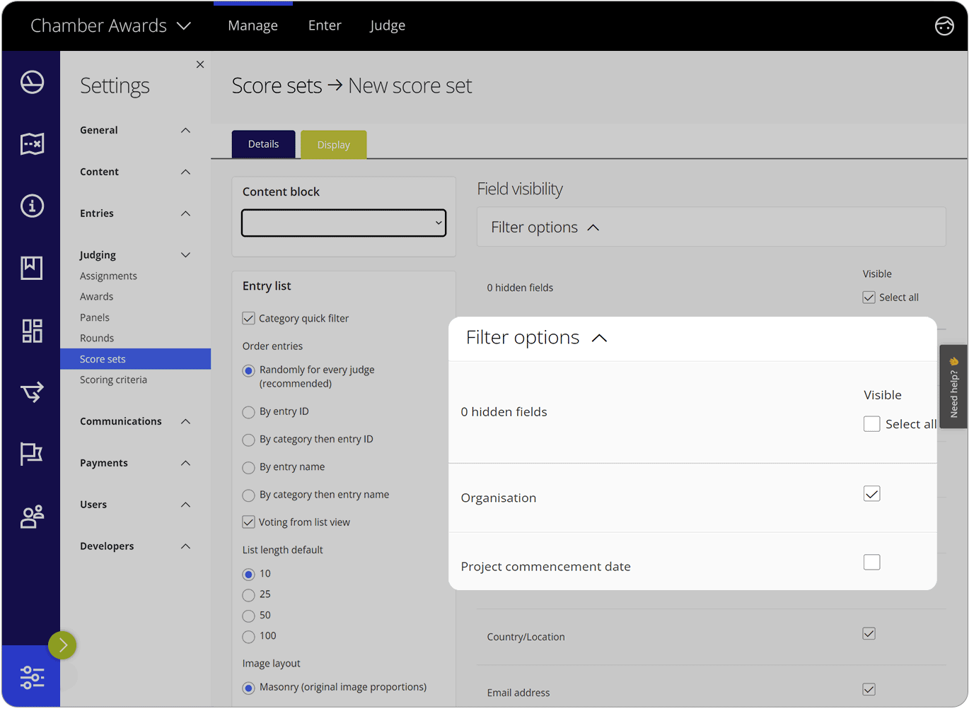Award Force interface showing how to hide field info from score sets