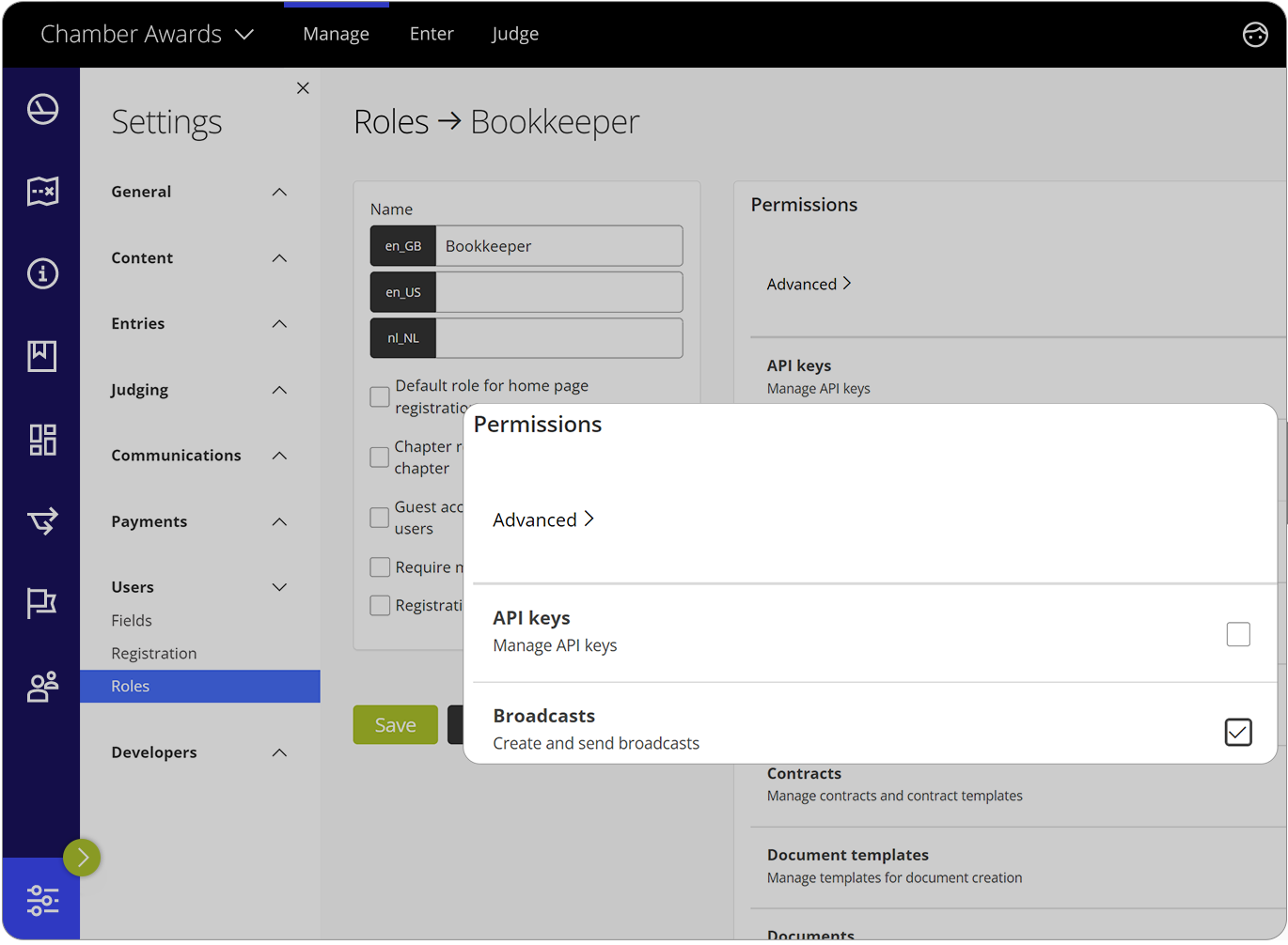 Award Force interface showing the role permissions settings