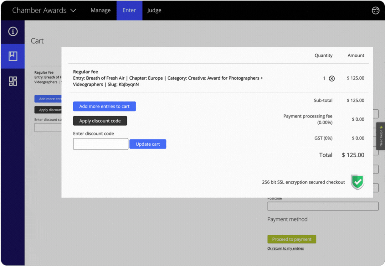Award Force-Oberfläche, die zeigt, wie ein Bewerber einen Frühbucherrabattcode auf seine Bewerbung anwendet 