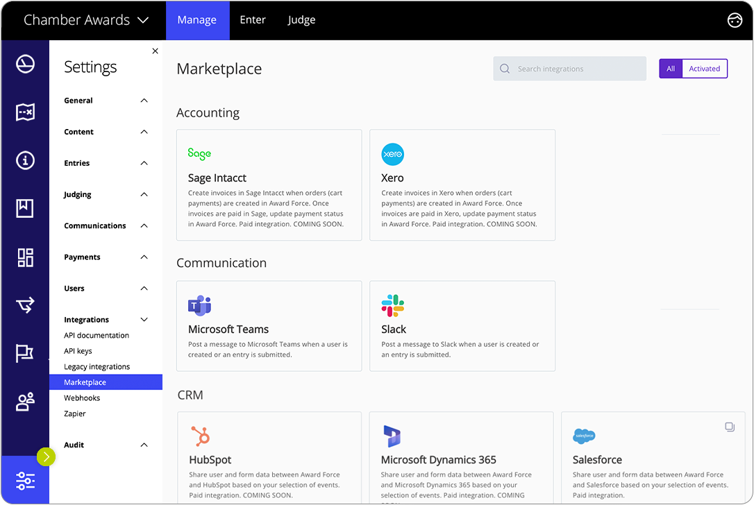 Award Force interface showing that the program manager ca access the integration marketplace in the settings menu under Integrations.