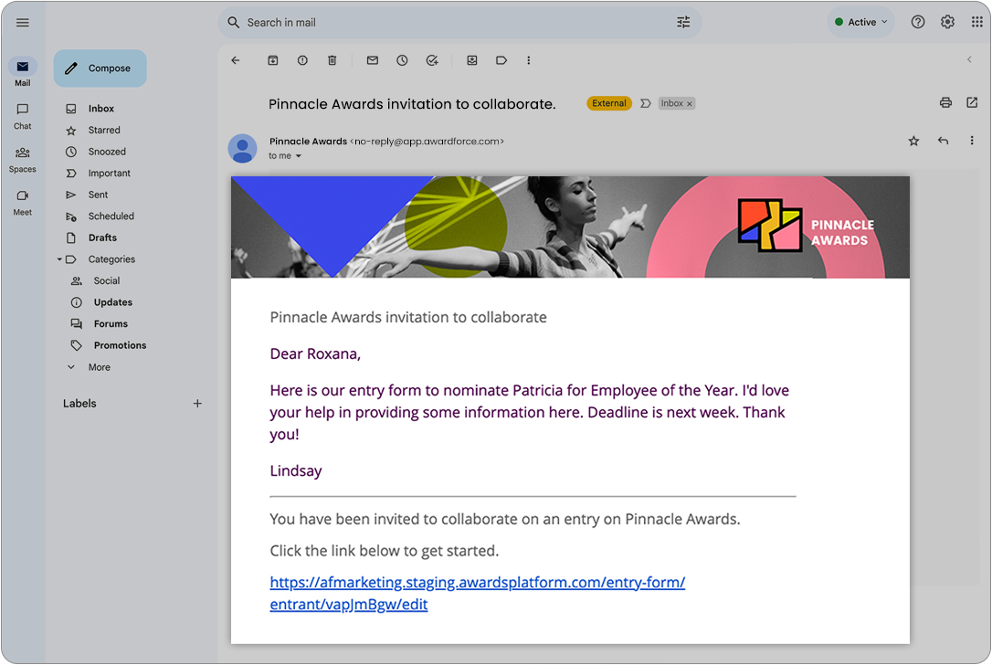 An automated email from Award Force inviting an entrant to collaborate on an entry.